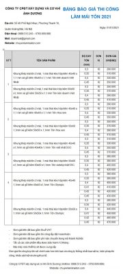 Bảng báo giá thi công làm mái tôn